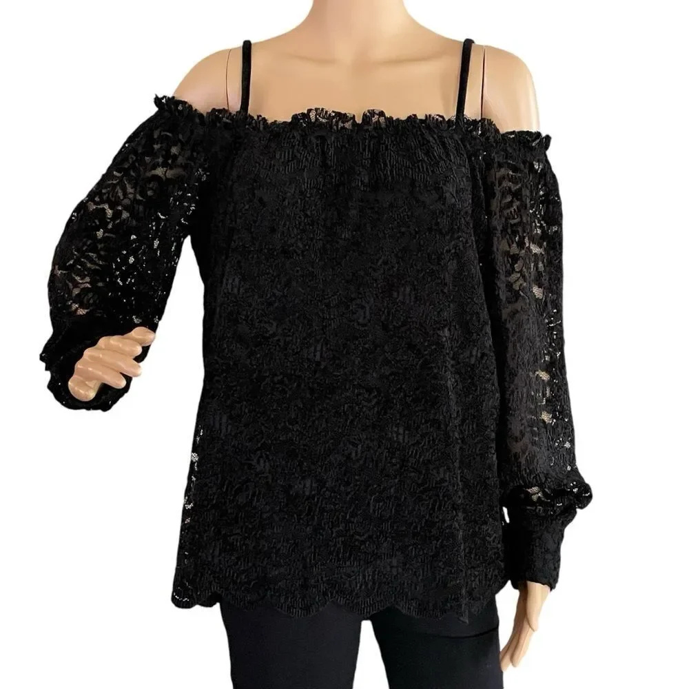 Anthropologie Eri + Ali Romana Lace Off The Shoulder Lined Top Blouse Black Sm